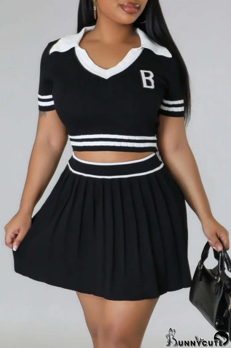 Black Casual Letter Patchwork Turndown Collar Short Sleeve Two Pieces