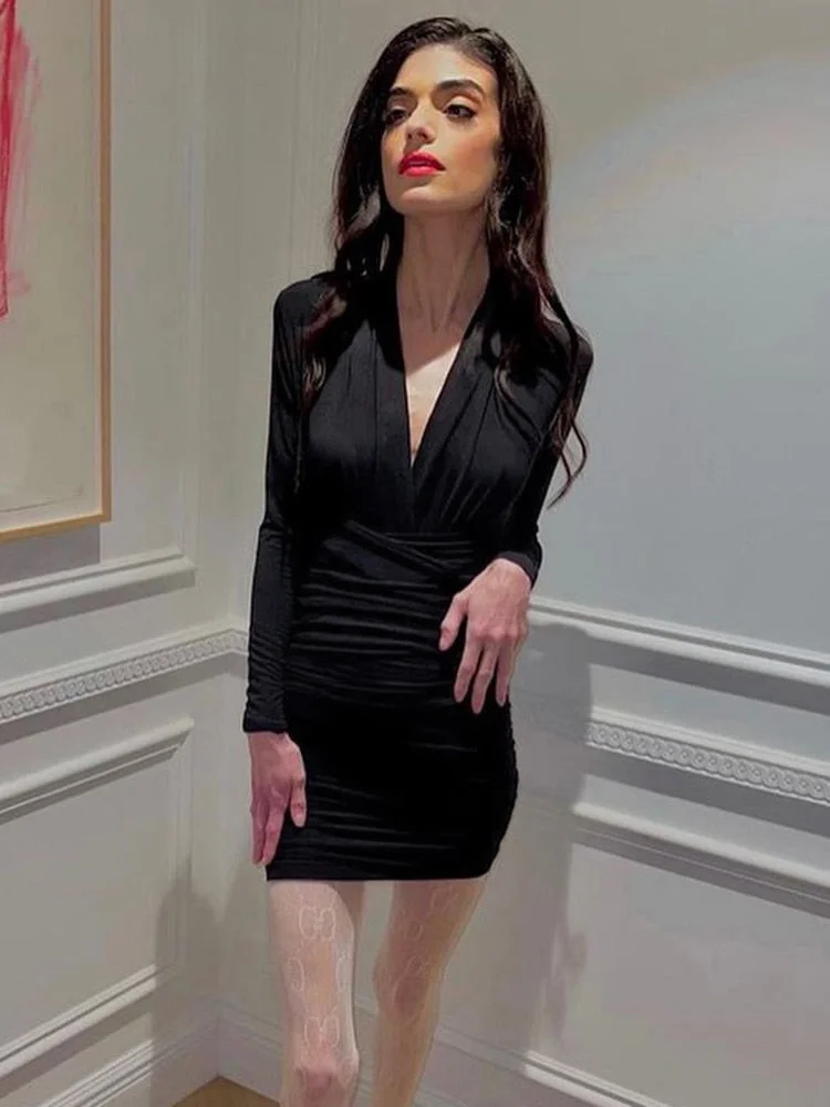 WannaThis V Neck Mini Dresses Ladies Ruched Slim Elastic Casual Long Sleeve Autumn Bodycon Party Elegant Dresses For Women 2021