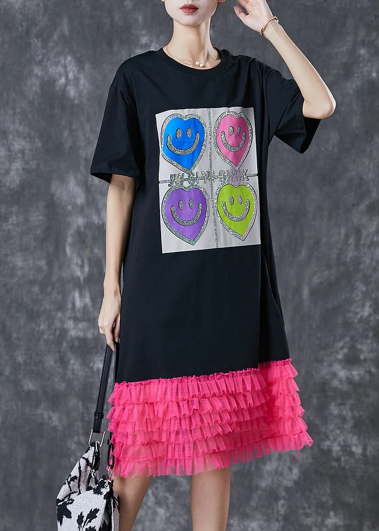 Style Black Smiling Face Patchwork Cotton Vacation Dresses Summer