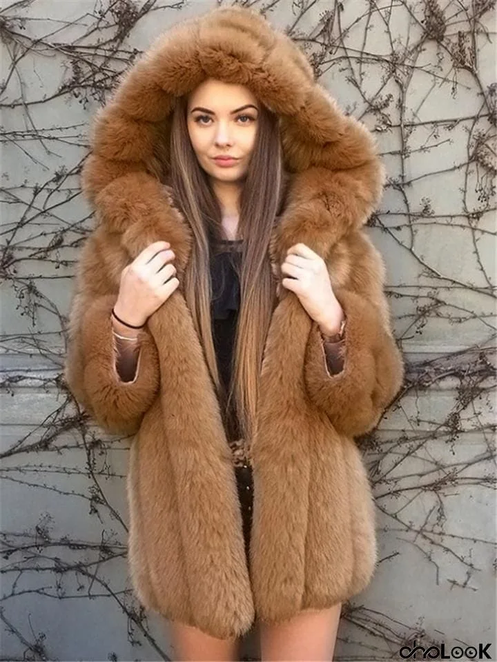 Ultra Cozy Warm Faux Fur Midi Length Hooded Coat