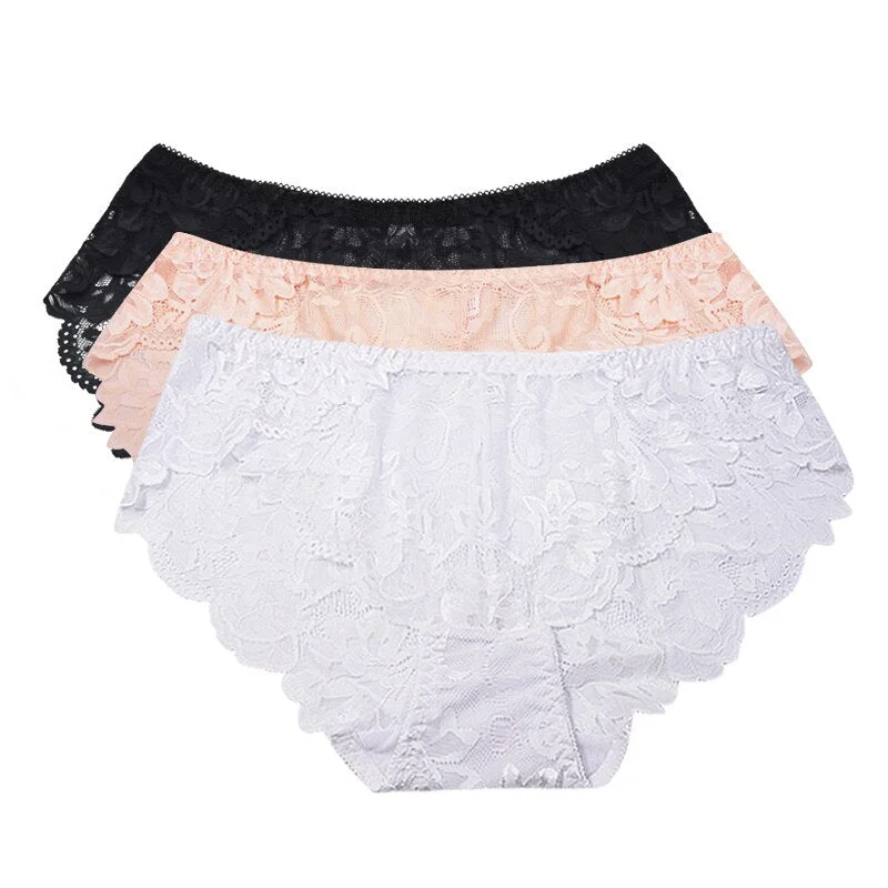 FallSweet 3pcs/Pack! Mid Waist Lace Panties Women Plus Size Ultra Thin Briefs XL to XXXXL Solid Underwear Femme