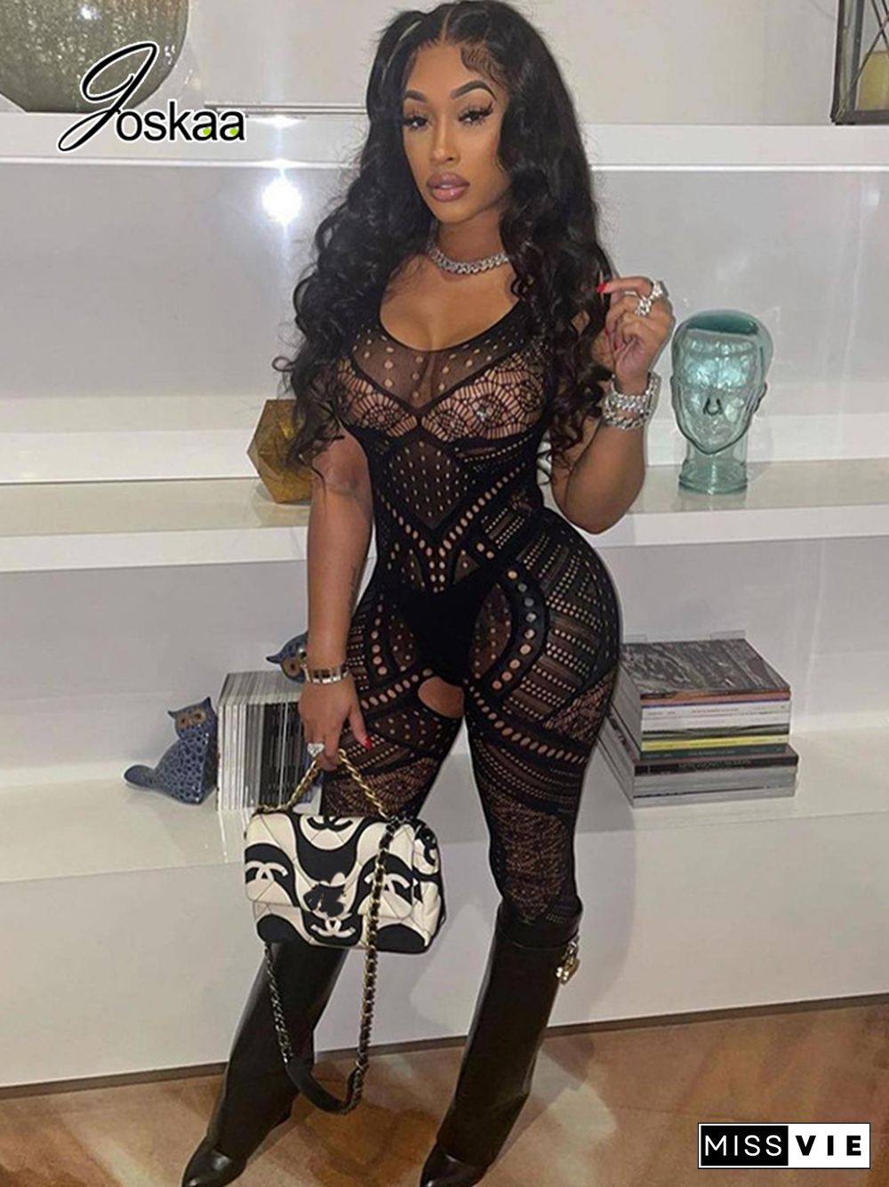Hollow Out Mesh See Through Black Jumpsuit Summer Women Fashion One Piece Outfits Sexy