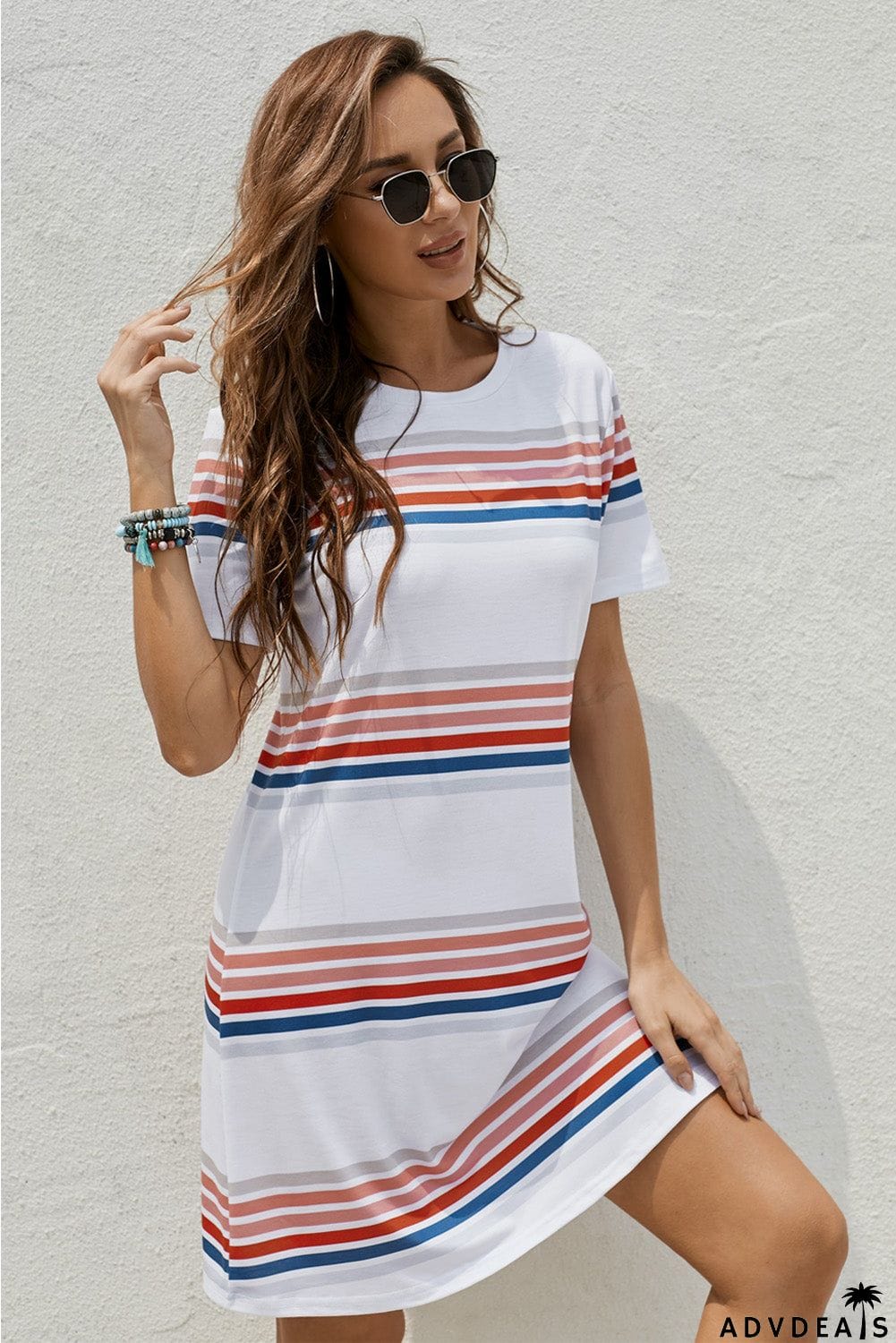 White Striped Print Round Neck Short Sleeve T-shirt Mini Dress