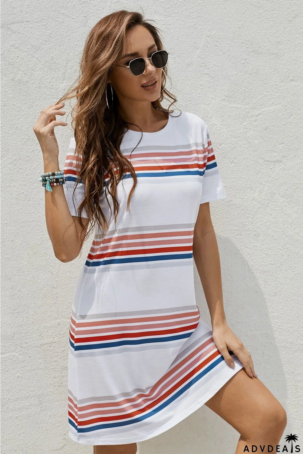 White Striped Print Round Neck Short Sleeve T-shirt Mini Dress