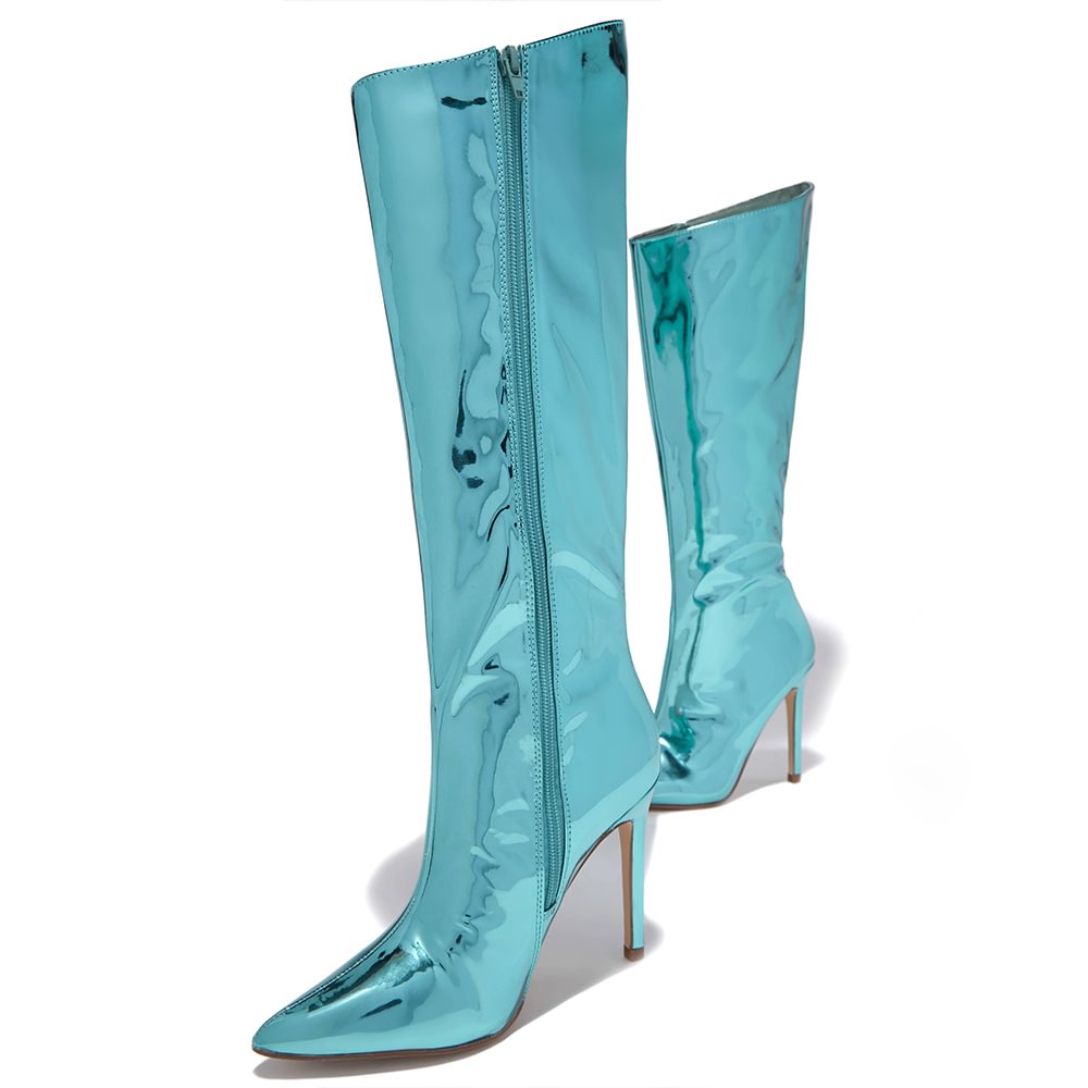 Green Pointed Toe Calf Boots Zipper Stiletto Heel Boots Nicepairs