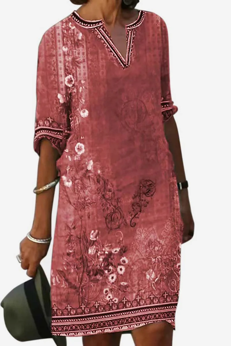 Cropped collar half-sleeve printed linen mini dress