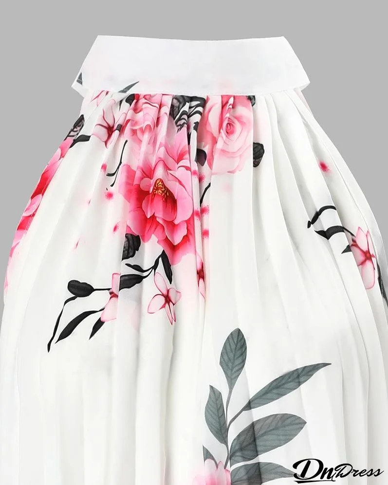 Floral Print Halter Casual Pleated Dress