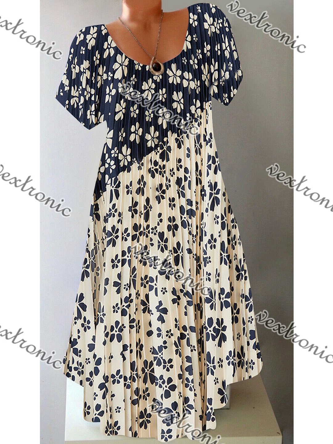 Women's Short Sleeve Scoop Neck Apricot Colorblock Floral Printed Midi Dress