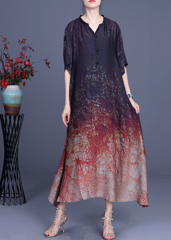 Plus Size Coffee V Neck asymmetrical design Print Fall Half Sleeve Dress