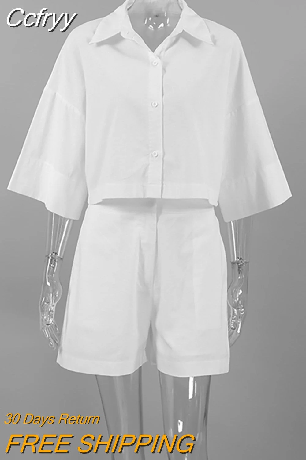 Huibahe White Cotton Linen Shorts Sets 2-Piece Street Outfits Short Sleeve Shirt And Wide Leg Shorts Summer 2023 Ladies Suit