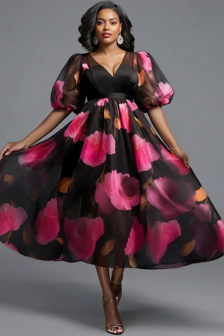 Xpluswear Design Plus Size Wedding Guest Black Floral V Neck Puff Sleeve Short Sleeve See Through Elegant Organza Midi Dresses [Pre-Order] 2024 - Xpluswear