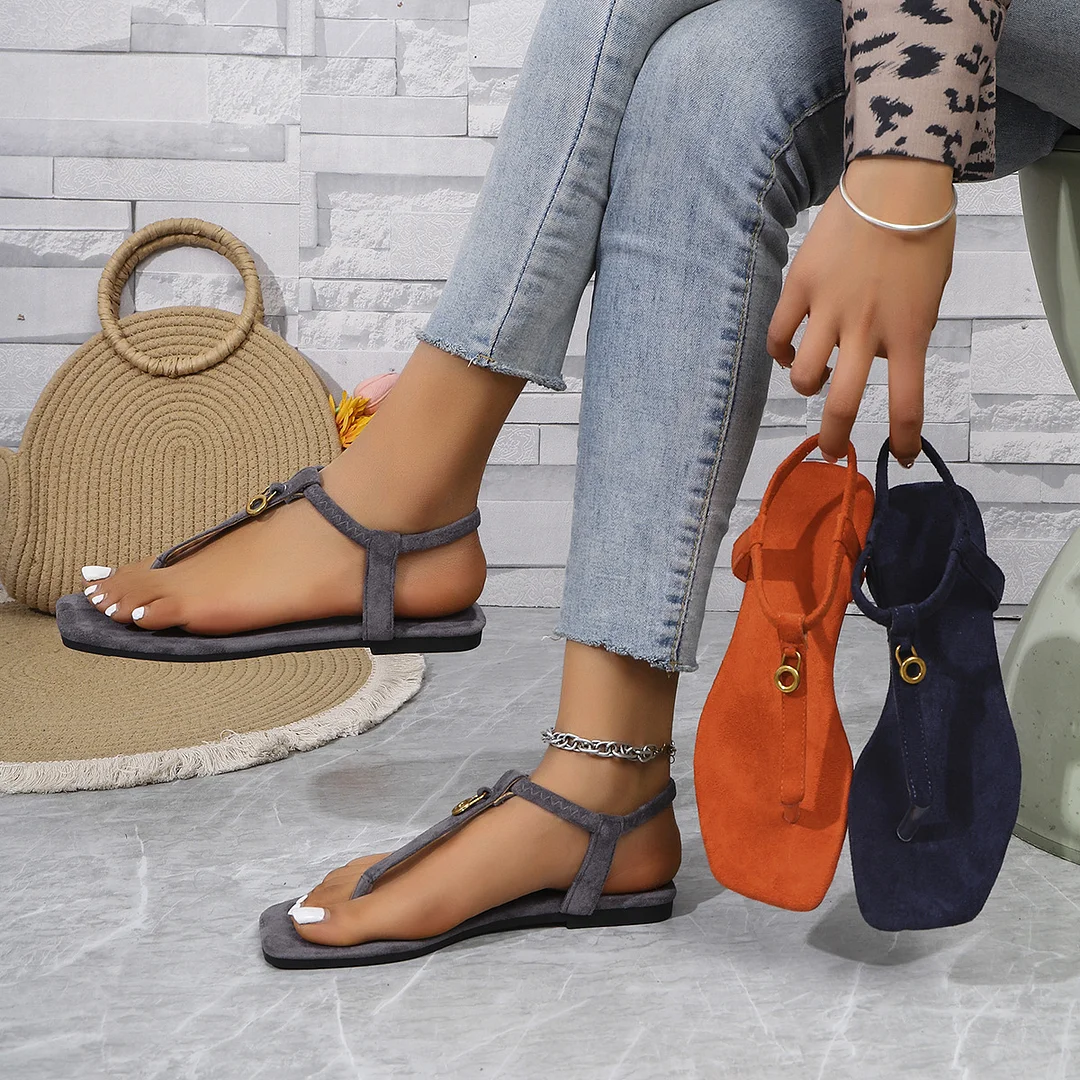 Yyvonne Summer New Women's Flat-Soled Sandals Large Square Head Clamp Roman Flat Bottom Toe Sandals