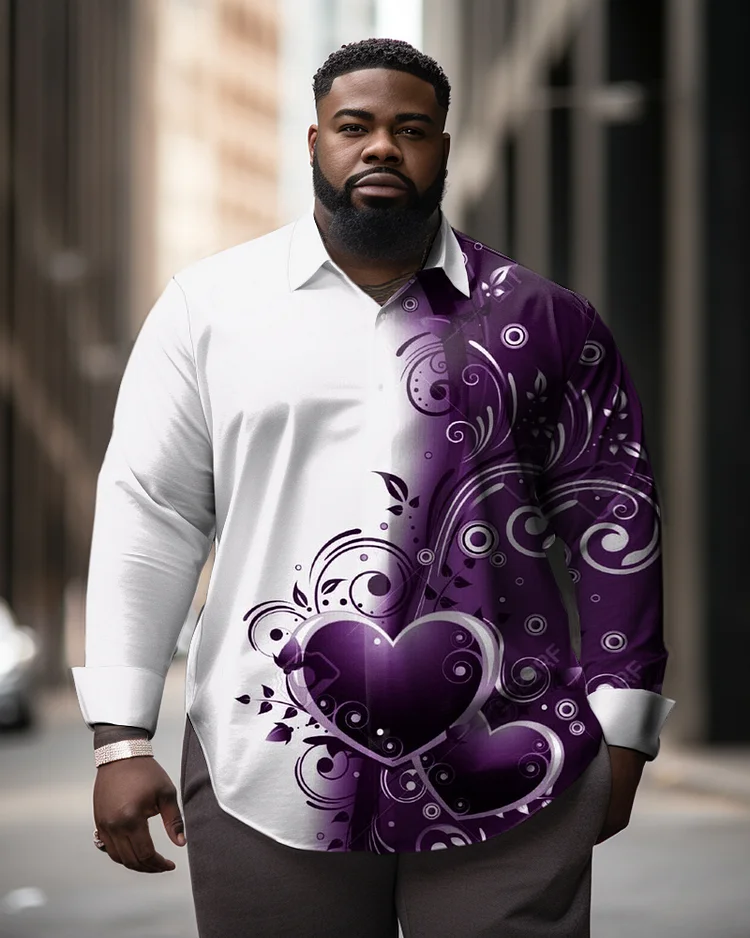 Men's Large Size Romantic Color Matching Love Flower Graphic Lapel Long-Sleeved Shirt