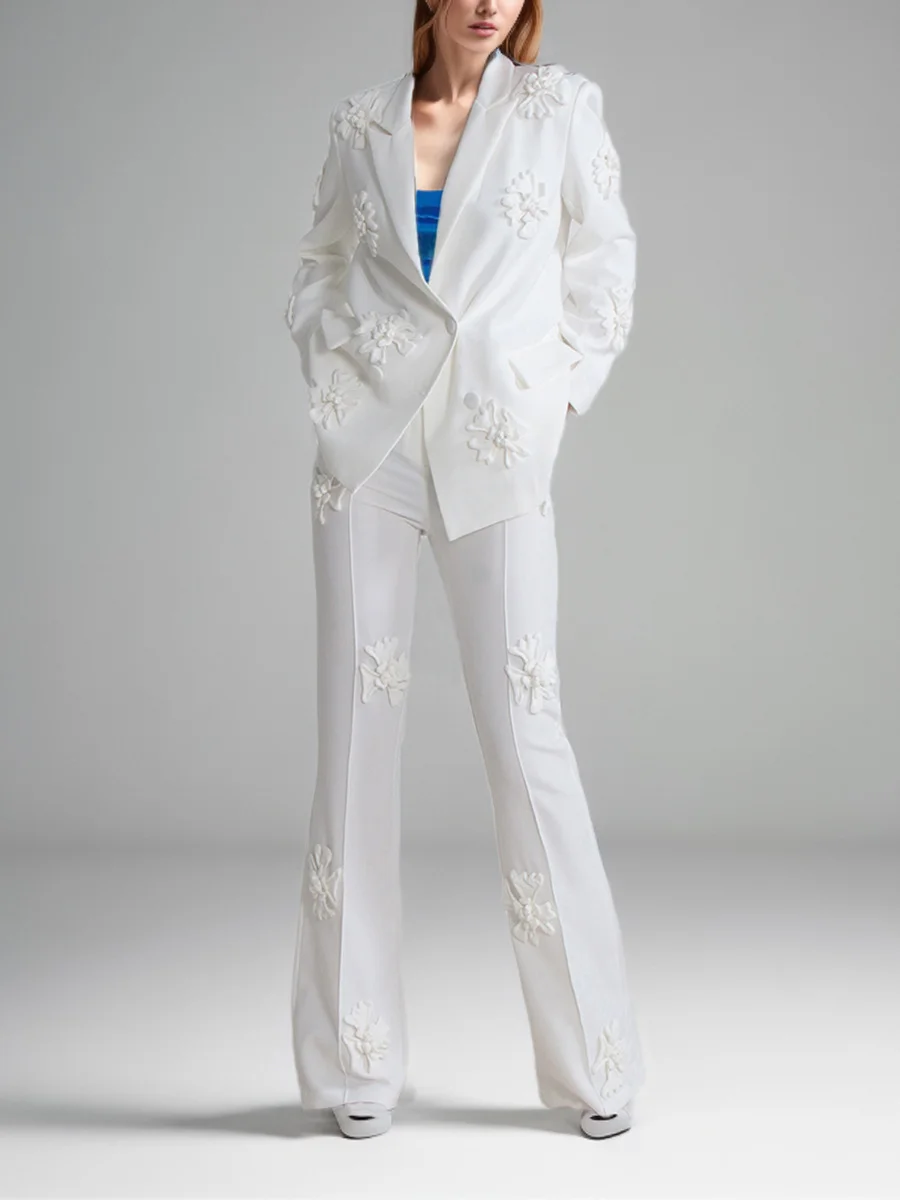 Woherb Woherb 2024 New Fashion Temperament Commuter Suit Collar Jacket Pants Three-Dimensional Flower Suit Female-Outfit Ideas