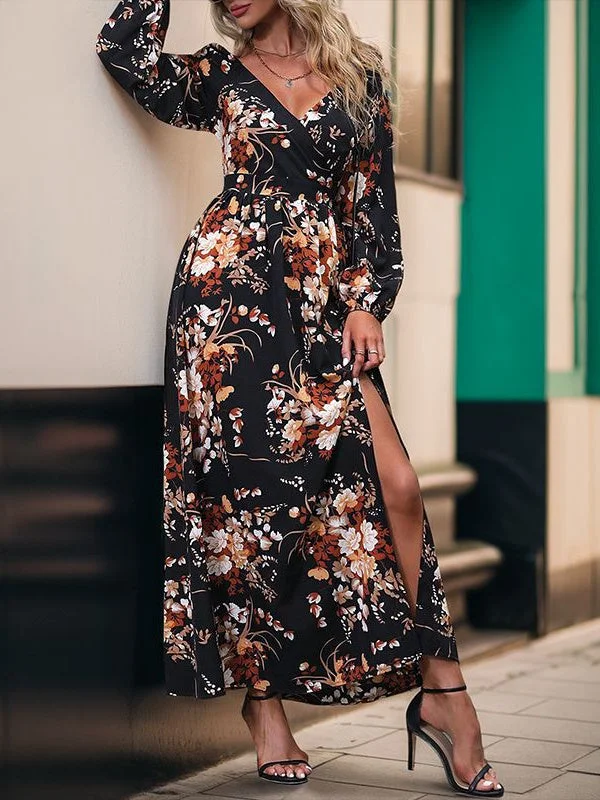 Women's Long Sleeve V-neck Floral Printed Slit Midi Dress