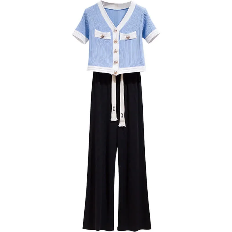 V-neck Cardigan Crop T-Shirt Drawstring Casual Pants