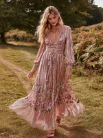 Women's Sequined Rose Shimmering V-neck Long Sleeve Dress