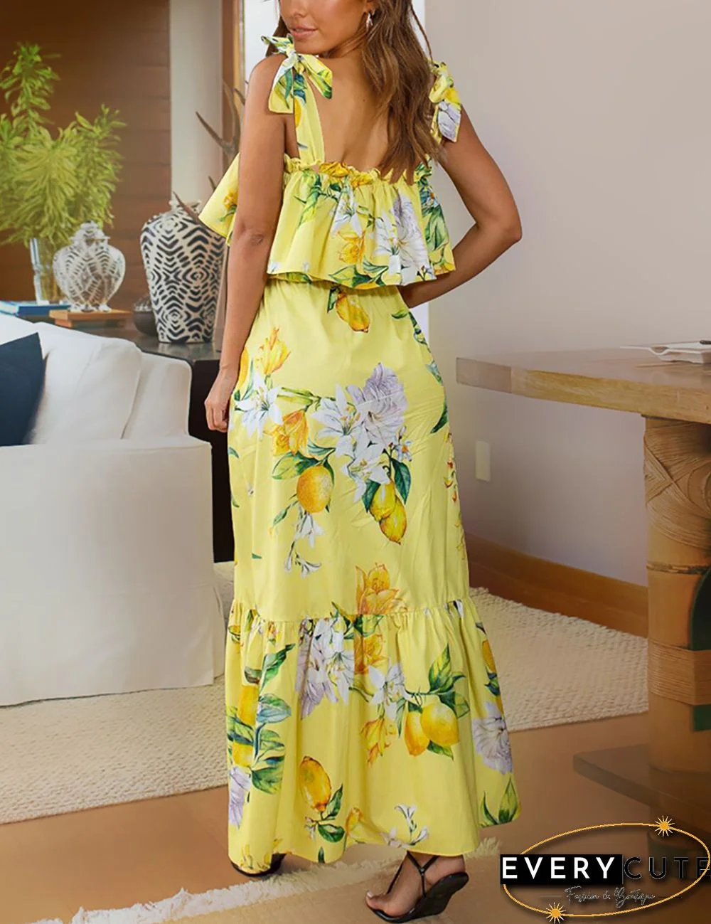Yellow Floral Print Ruffled Split Maxi Dress