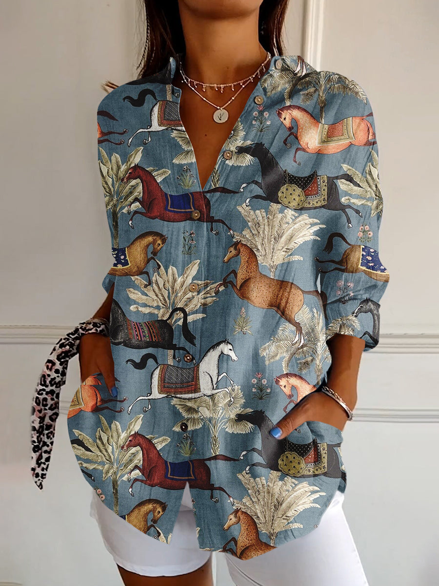 Women's Horse Art Print Cotton And Linen Long-Sleeved Shirt