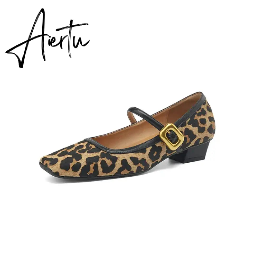 Aiertu NEW Spring/Autumn Women Pumps Square Toe Chunky Heel Shoes Horsehair Leopard Shoes for Women Concise High Heel Buckle Mary Janes Aiertu