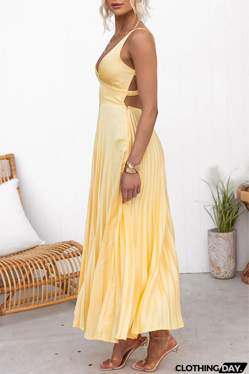 Sexy Solid Color Pleated V Neck Sleeveless Dresses