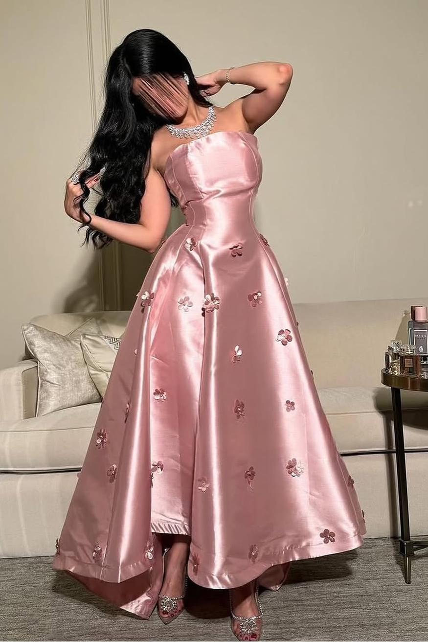 Lussooy Strapless Chic Pink Satin Applique Sleeveless Long A Line Prom Dress 