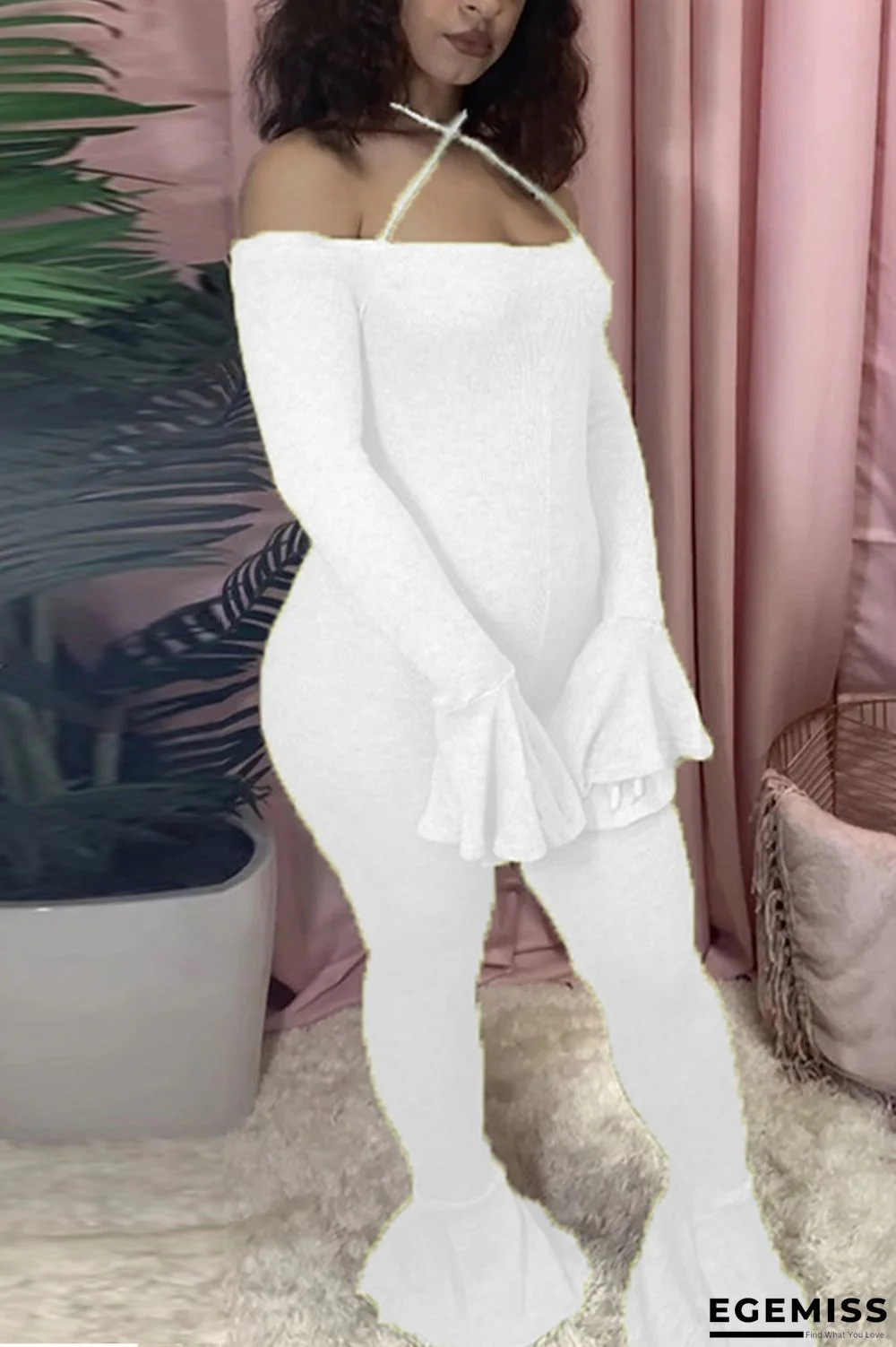 White Fashion Sexy Bateau Neck Long Sleeve Flare Sleeve Skinny Solid Jumpsuits | EGEMISS