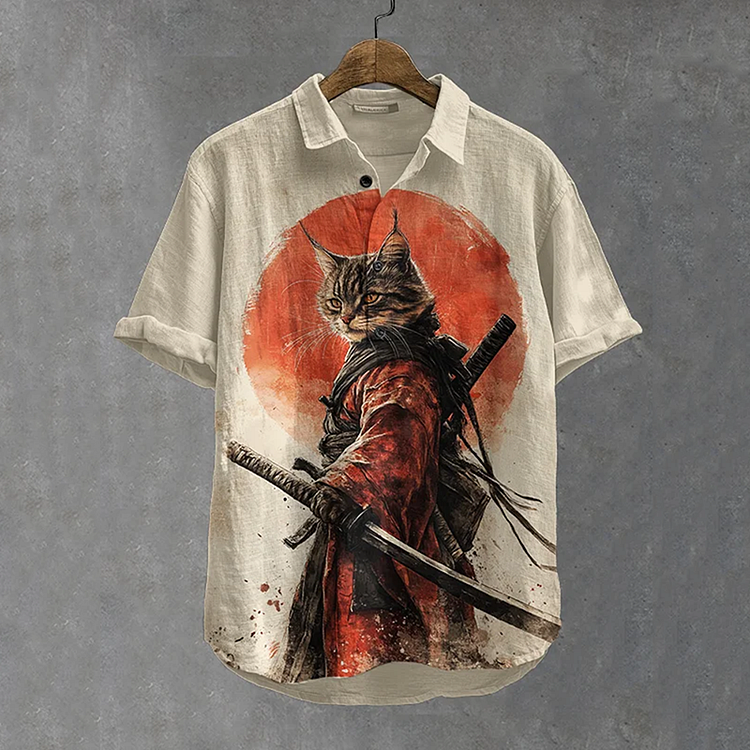 Men's Samurai Cat Art Print Linen  Polo Shirt