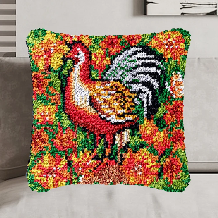 Chicken With Flowers Pillowcase Latch Hook Kit for Beginner Ventyled
