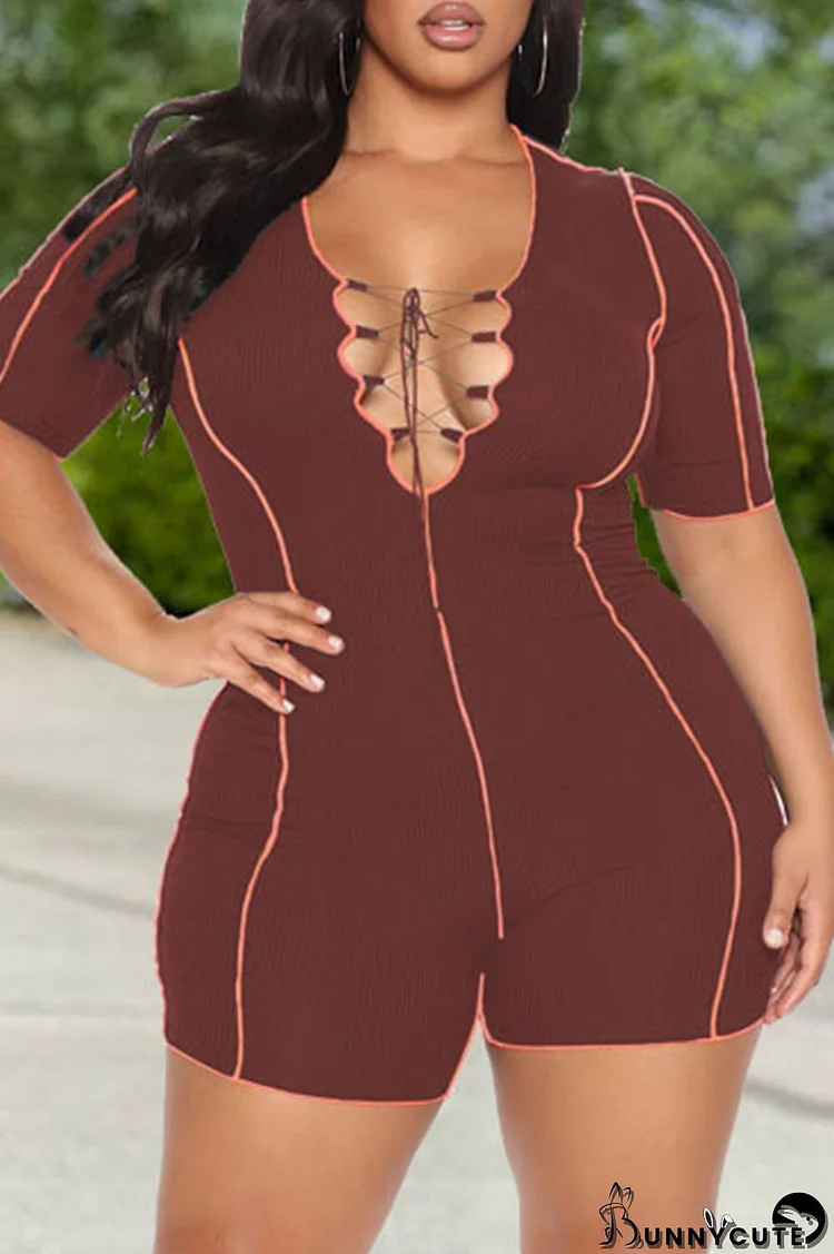 Brown Casual Solid Basic V Neck Plus Size Romper