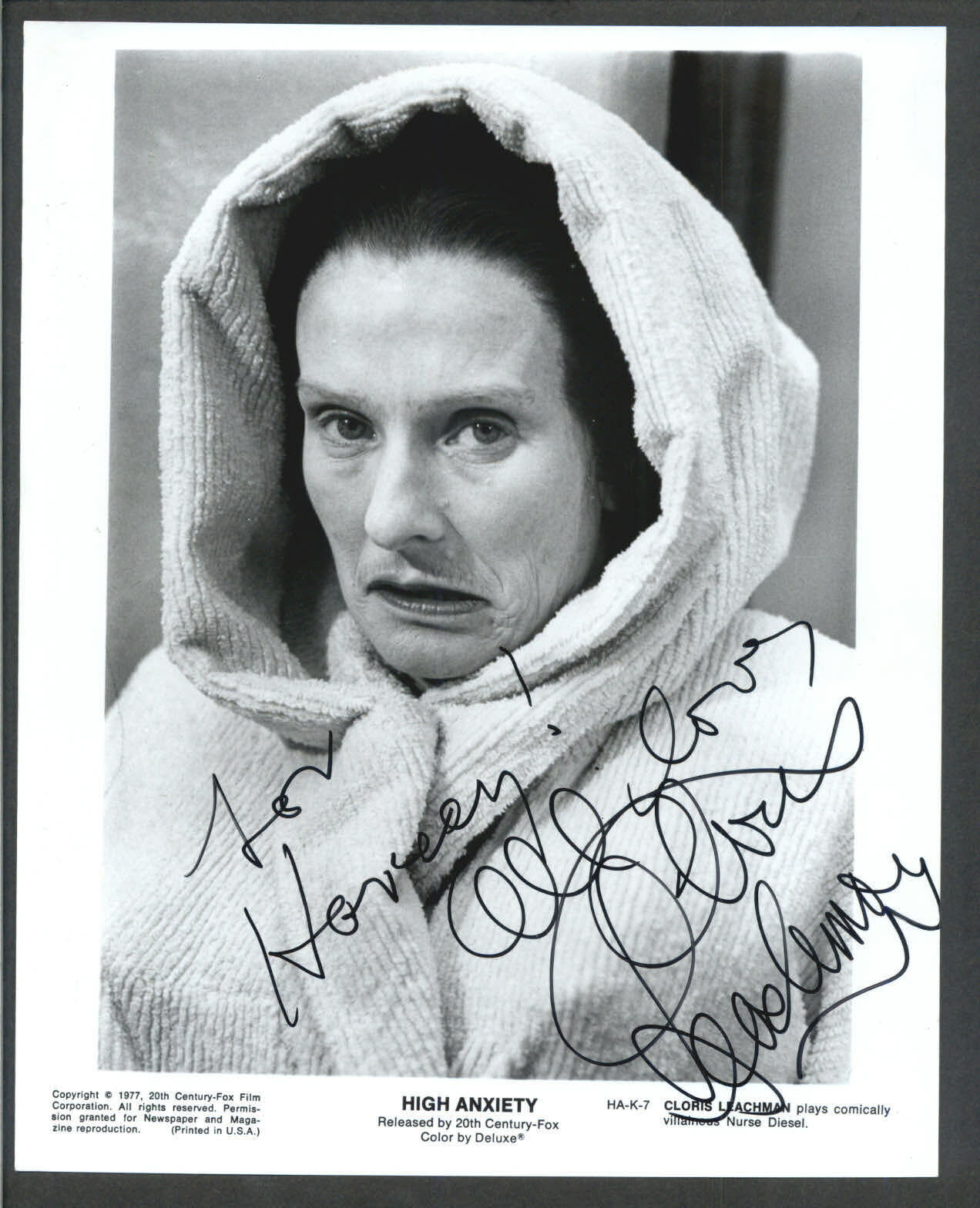 Cloris Leachman - Signed 8x10 Autograph Movie Still - High Anxiety - Young Frank