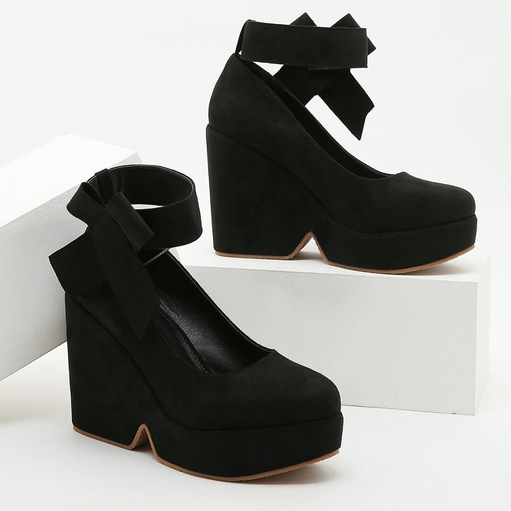 DoraTasia Brand Design Female Fashion Bow Ankle Strap Pumps Platform Wedges High Heels Women Pumps Party Office Shoes Woman