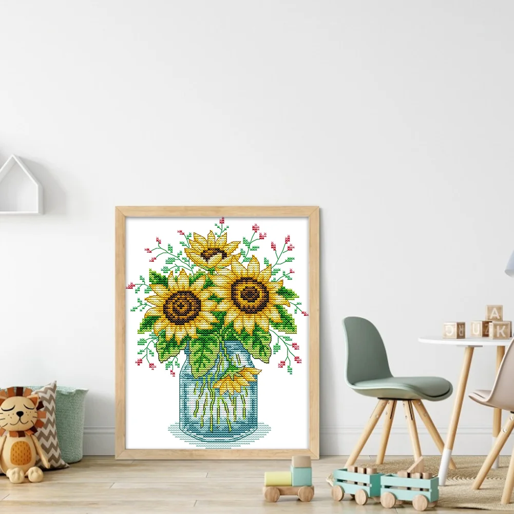 Partial Embroidery cotton Thread 14CT Printed Sunflower Cross Stitch(HA013)