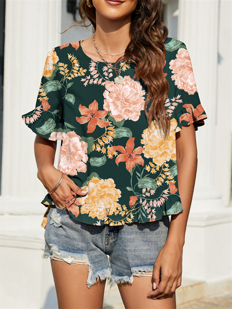 Women Long Sleeve V-neck Graphic Floral Printed Top