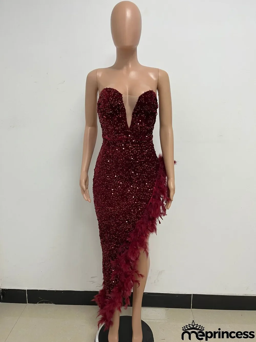 Women Sexy Off Shoulder Backless Sequin Feather Dress