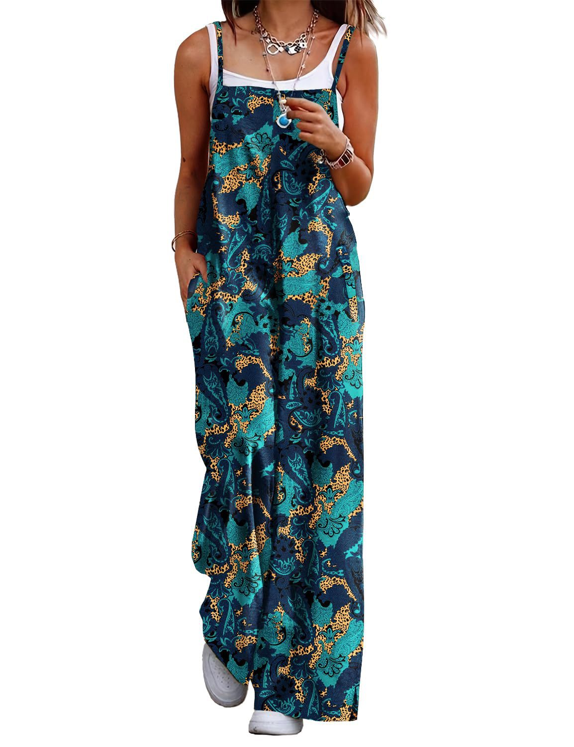 Cczzt Casual Loose Print Pocket Beach Holiday Jumpsuit Women Fashin Sleeveless Spaghetti Summer Wide Leg Pant Rompers Ladies 2025