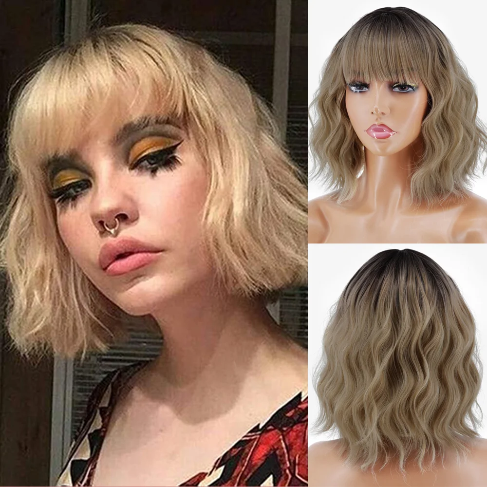Jewtribute Hair®|Blonde Short Wavy Wigs Have Bangs 