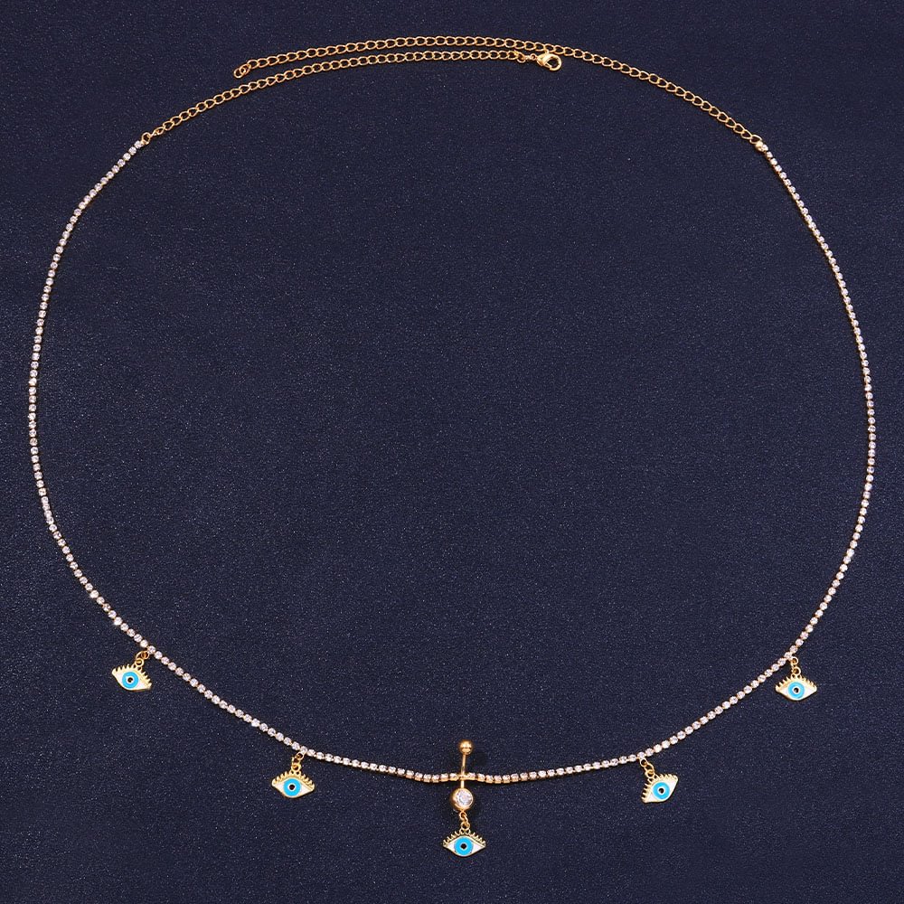 Rhinestone Dangle Demon Eye Belly Button Navel Piercing Waist Chain Jewelry-VESSFUL