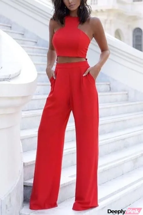 Solid Crop Wide Leg Pants Set