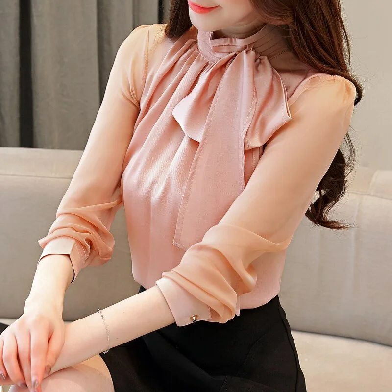 2021 New Summer Fashion Tunic Women Blouse Shirts Long Sleeve Tie Bow Chiffon Turtleneck Formal Women White Black Shirts 0599 30