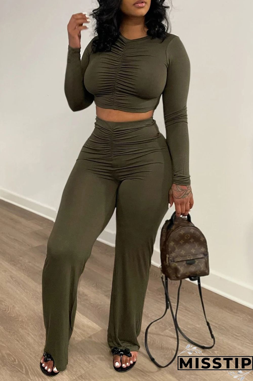 Orange Fashion Casual Solid Fold O Neck Long Sleeve Two Pieces