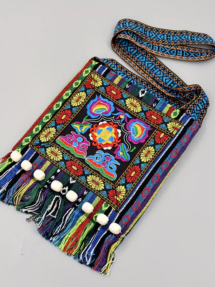 Boho Embroidered Color Block Fringe Crossbody Bag