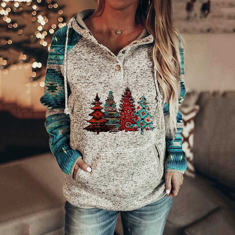 Christmas Print Casual Hooded Sweatshirt