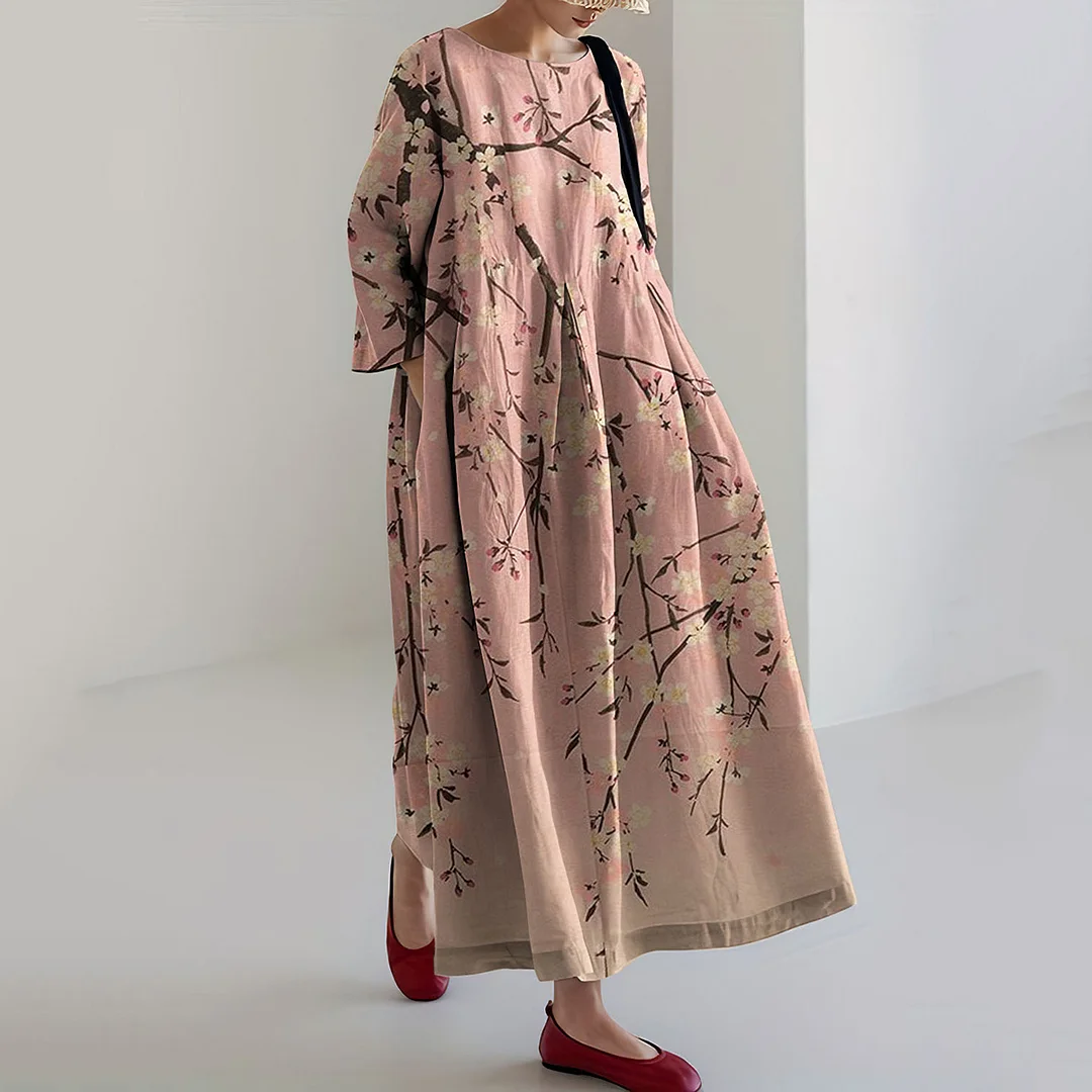 Japanese Plum Blossom Art Linen Blend Maxi Dress