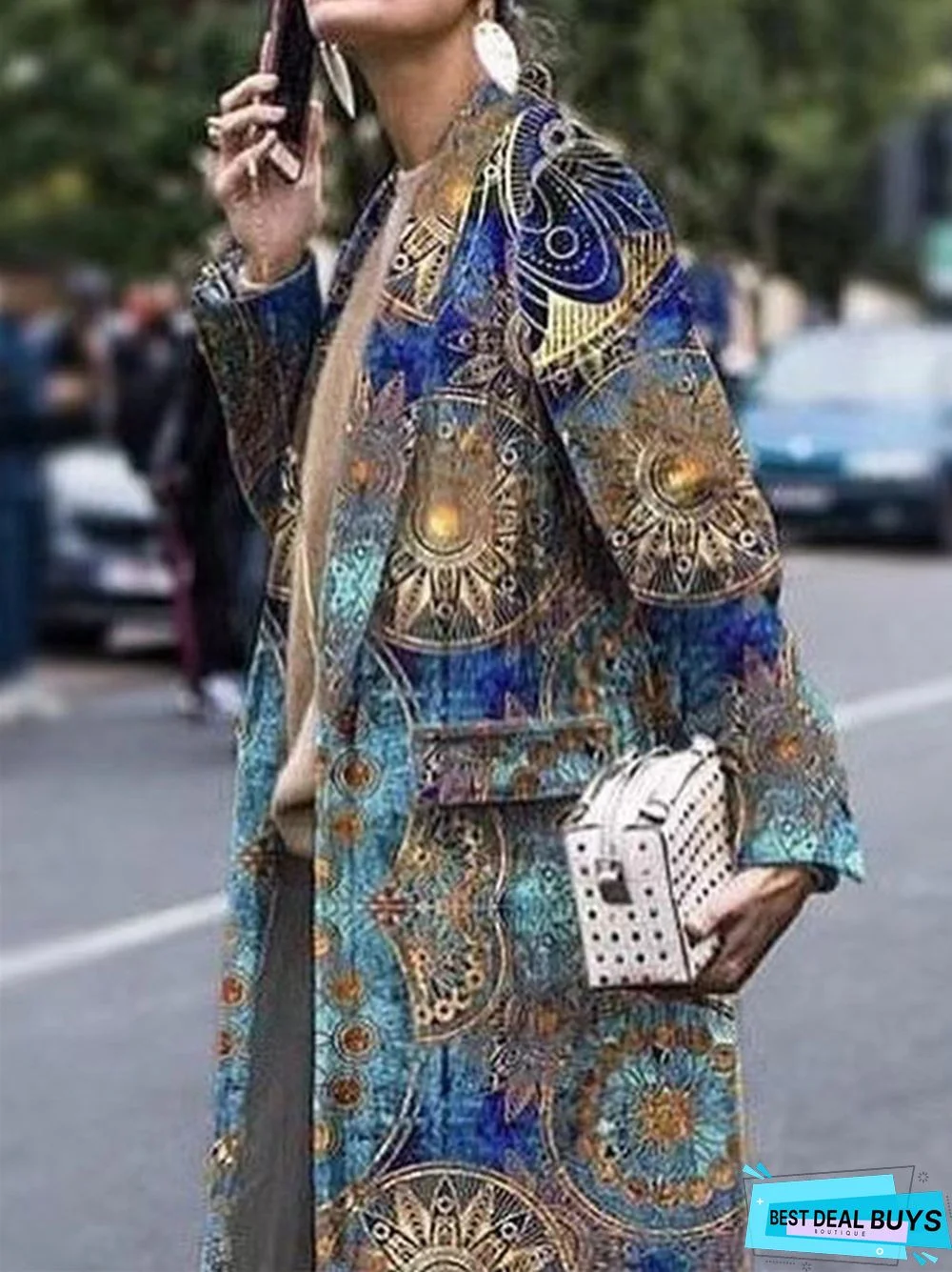 Fashionable Long Sleeve Lapel Print Long Coat