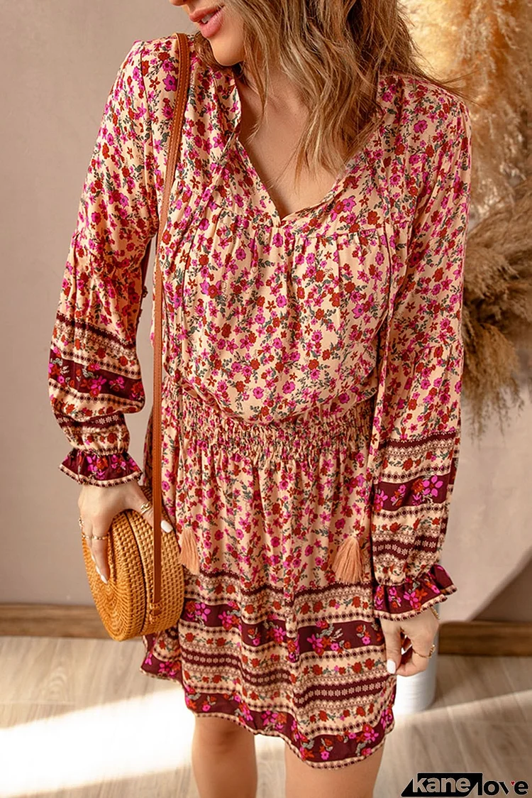 Pink V Neck Boho Floral Dress