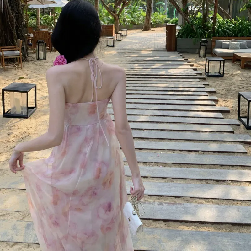 Uveng Uveng Sense Of Three-Dimensional Flower Small Minority Hanging Neck Type Dress Seaside Holiday Show Thin Dress