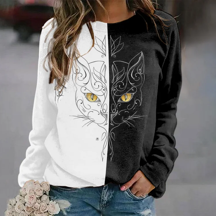 Vefave Colorblock Cat Print Casual Sweatshirt