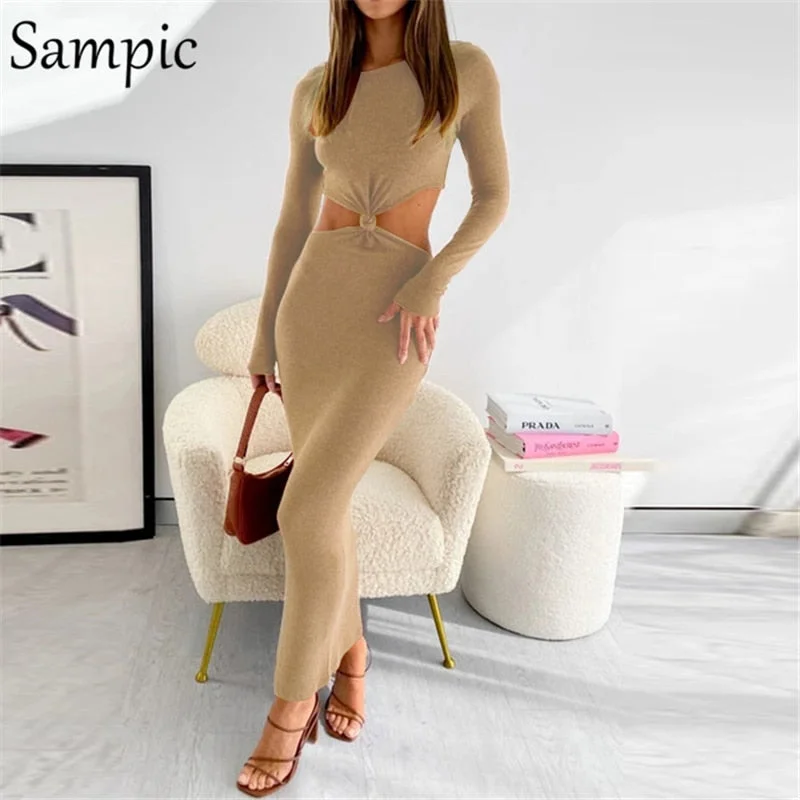 Sampic Khaki Cut Out Sexy Women Long Sleeve Bodycon Party Dress O Neck Club Backless Fashion Summer Autumn 2021 Wrap Long Dress