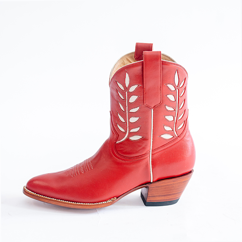 Red Embroidered Booties Pointed Toe Block Heel Cowgirl Boots
